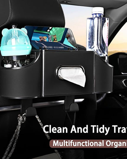 Back Seat Car Organizer,4 in 1 Multifunctional Car Back Seat Storage Box with Drink Cup Holder Tissue Box, for Hold Phone,Snacks, Drinks, Handbag-Black-2Packs