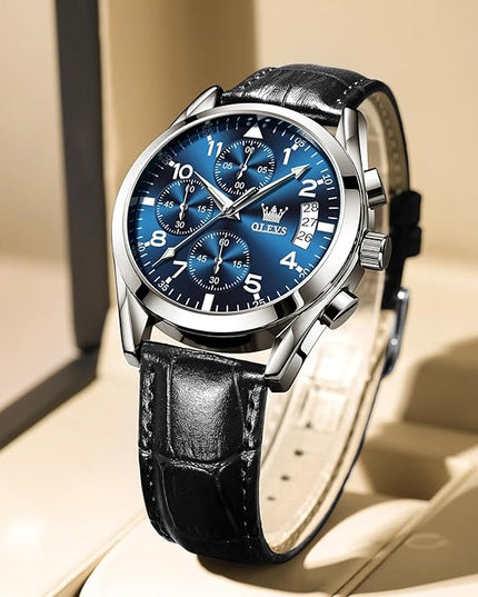 OLEVS Men's Chronograph Leather Watch, Big Face Easy to Read Analog Quartz Dress Watch, Casual Waterproof Luminous Hands Date Watches for Men, White/Blue/Black/Gold Dial