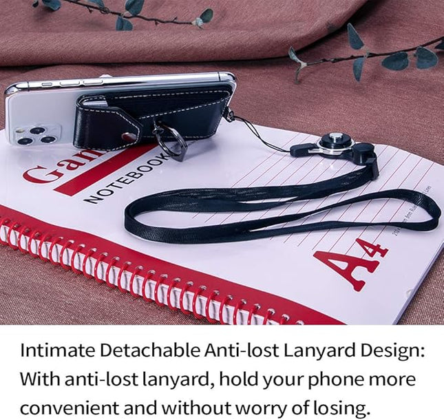 Cell Phone Card Holder,Card Holder for Back of Cell Phone with Ring Grip Stand,Adhesive Stick-on Credit Card Wallet Pocket with Detachable Neck Strap Black
