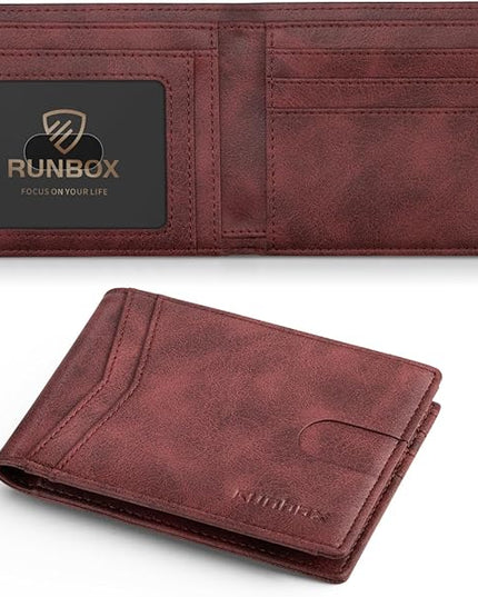 RUNBOX Wallet for Men Slim Leather Bifold RFID Blocking Minimalist Front Pocket Design with Gift Box
