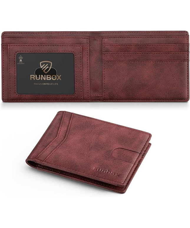 RUNBOX Wallet for Men Slim Leather Bifold RFID Blocking Minimalist Front Pocket Design with Gift Box