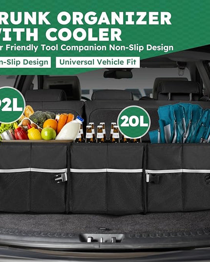 112L Large Capacity Car Trunk Organizer with 20L Insulated Fresh-Keeping Bag, Heavy-Duty 600D Waterproof Oxford Collapsible Storage for SUV, Sedan, Truck, 2 Securing Hooks & Reflective Strips