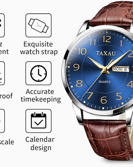 Mens Leather Watch Large Face Classic Quartz Mens Analog Watches Luxury Dress Watches for Men Waterproof Men's Wrist Watch Easy Read with Date Number Dial Relojes para Hombre
