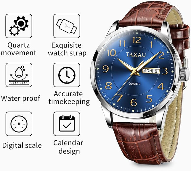 Mens Leather Watch Large Face Classic Quartz Mens Analog Watches Luxury Dress Watches for Men Waterproof Men's Wrist Watch Easy Read with Date Number Dial Relojes para Hombre