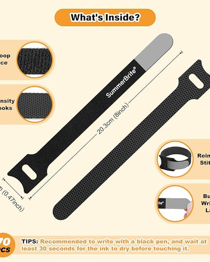 70 Pack Black Cable Ties 8 Inch with Writable Labels, Reusable Cord Organizer Straps, Hook & Loop Wire Management for Extension Cords, Garage Tools, Power Strips & Heavy Duty