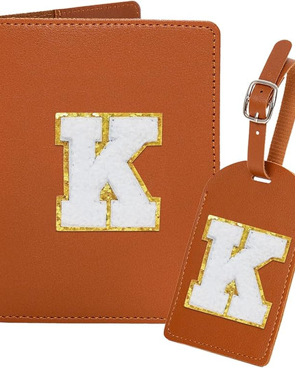 ULICO Initial Passport Cover and Luggage Tag Set,PU Leather Letter Passport Case Holder Travel Suitcase Tag, Personalized Travel Luggage Accessories Gifts for Women Kids Teenage Brown K