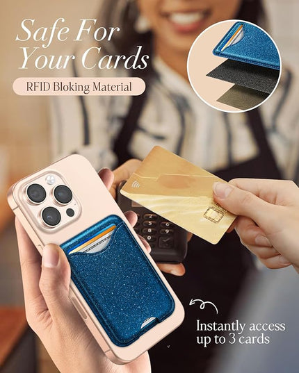 Shorogyt Compatible with Magsafe Wallet Magnetic Card Holder - Glitter Blue Phone Wallets for Women Teen Girls Fashion for iPhone 17/16/15/14/13/12 Series Slim for Apple Mag RFID Magnet, Fit 3 Cards