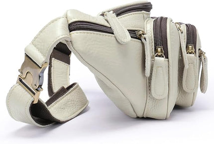 Genuine Leather Fanny Pack large capacity Crossbody Waist Bag with Zipper phone Pockets white