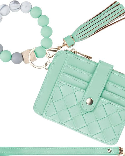 Keychain Wallet with Bracelet RFID Blocking Wristlet Credit Purse Card Holder, Silicone Bead Tassel Key Ring for Women