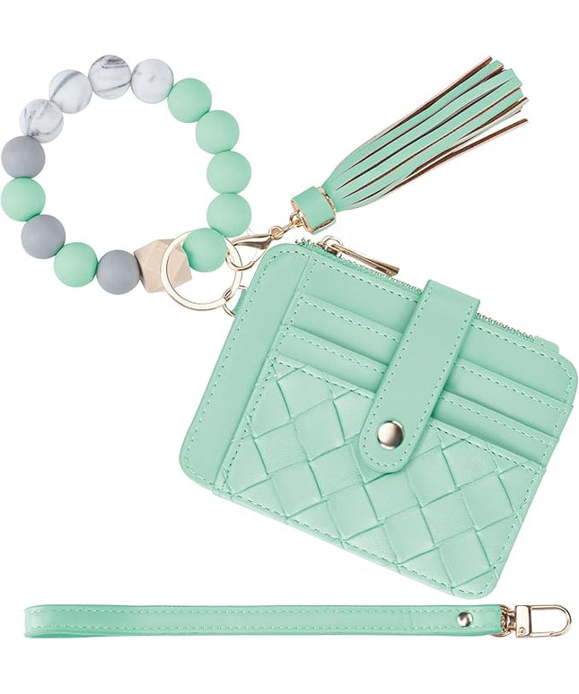 Keychain Wallet with Bracelet RFID Blocking Wristlet Credit Purse Card Holder, Silicone Bead Tassel Key Ring for Women