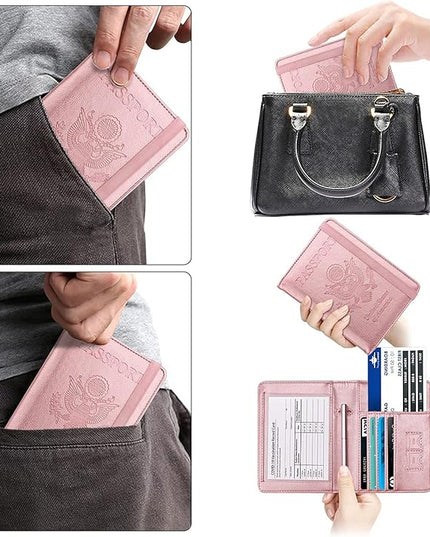 WALNEW Passport Holder for Travel, RFID Passport Cover Wallet for Women Men, PU Leather Passport Book Card Holder Case with Pen (Upgraded, Upgraded-Rosegold)