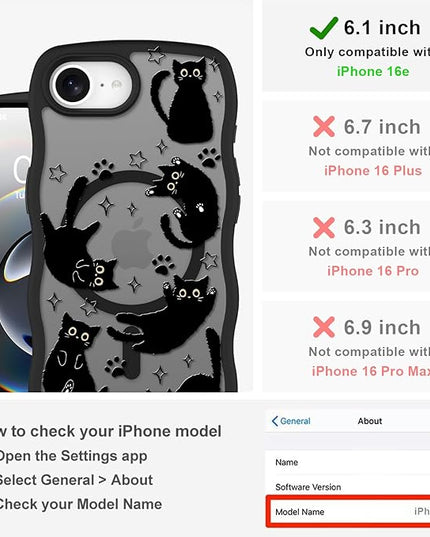Cute Case for iPhone 16e Case [Compatible with MagSafe] with Kawaii Black Cats Cat Print Pattern Design for Women Girls, Soft Wavy Edge Anti-Slip Animal Magnetic Protective Phone Cover