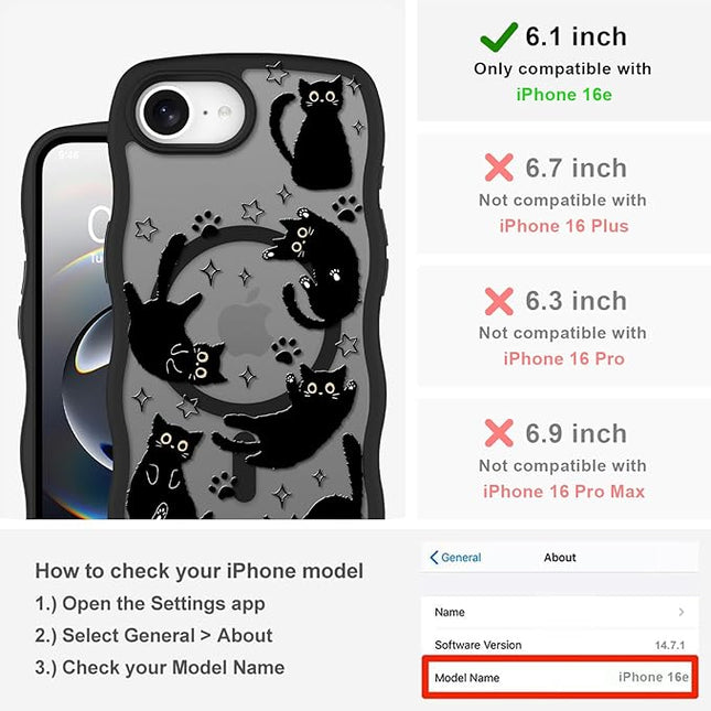 Cute Case for iPhone 16e Case [Compatible with MagSafe] with Kawaii Black Cats Cat Print Pattern Design for Women Girls, Soft Wavy Edge Anti-Slip Animal Magnetic Protective Phone Cover