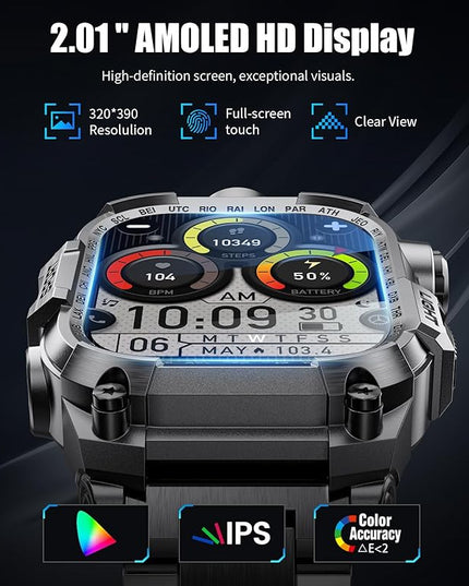 Military Smart Watches for Men(Answer/Make Calls),2.01" HD Screen Sports Smartwatch with LED Flashlight/700mAh Battery,IP68 Waterproof Fitness Tracker for Android iOS,100+Sport Modes,Black