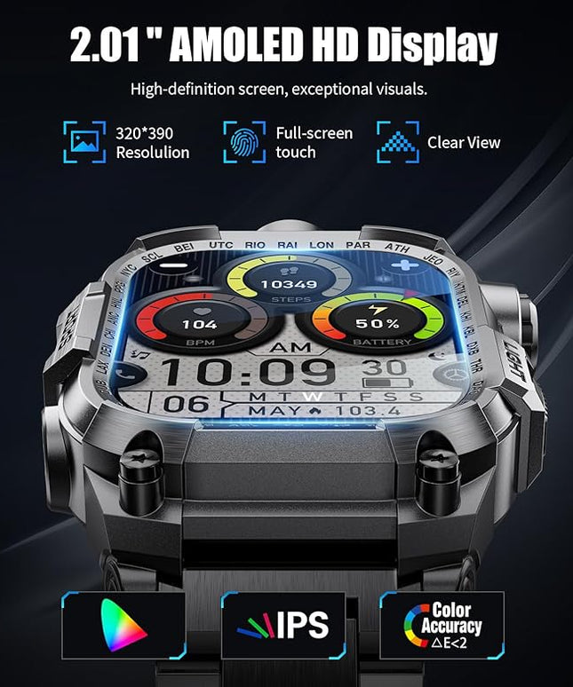 Military Smart Watches for Men(Answer/Make Calls),2.01" HD Screen Sports Smartwatch with LED Flashlight/700mAh Battery,IP68 Waterproof Fitness Tracker for Android iOS,100+Sport Modes,Black