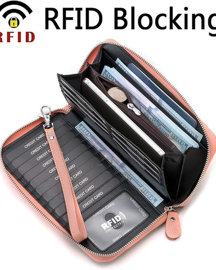 Moflycom Womens Wallet RFID Blocking Genuine Leather Multi Credit Card Large Capacity Zip Around Clutch Travel Purse Wristlet