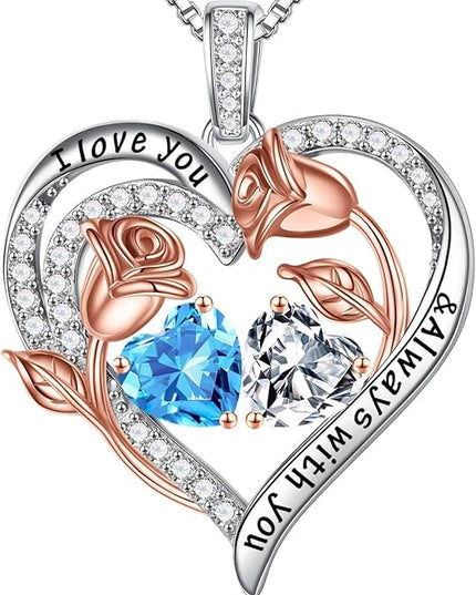 Iefil Christmas Gifts for Women Wife - 925 Sterling Silver Rose Heart Birthstone Necklace Birthday Anniversary Jewelry Gifts for Her Wife Mom Daughter