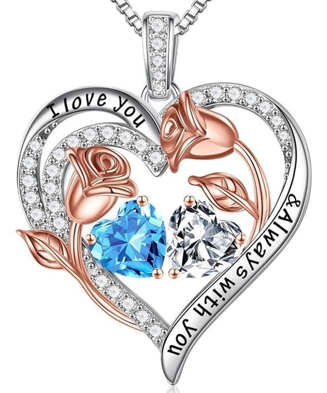 Iefil Christmas Gifts for Women Wife - 925 Sterling Silver Rose Heart Birthstone Necklace Birthday Anniversary Jewelry Gifts for Her Wife Mom Daughter
