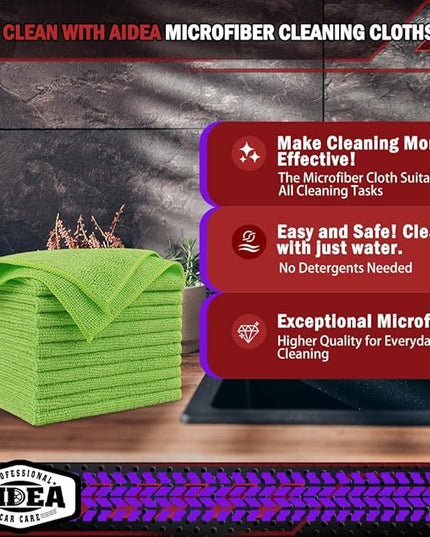 AIDEA Microfiber Cleaning Cloth, 10PK, Microfiber Towels for Cars, Premium All Purpose Car Cloths, Dusting Cloth Cleaning Rags, Absorbent Towels for SUVs, House, Kitchen, Window, 12"×12", Green