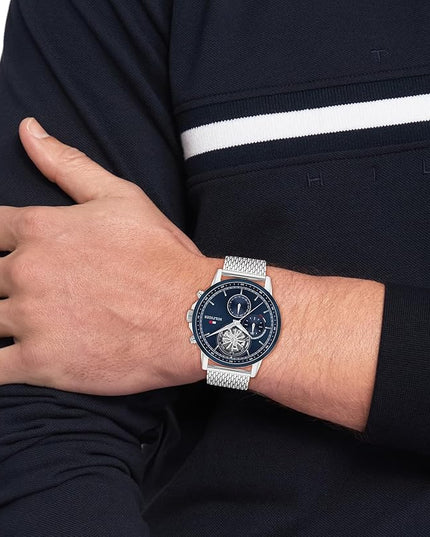 Tommy Hilfiger Men's Multifunction Quartz Watch – 44mm Stainless Steel Case, Double-Layer Dial, Link Bracelet, Skeleton-Inspired Design - Gift for Him