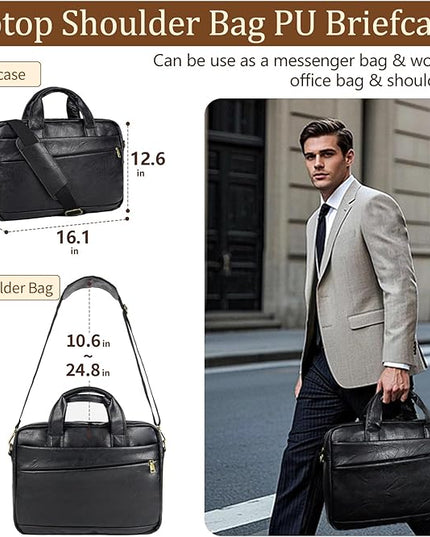 Faux Leather Messenger Bag for Men 15.6 Inch: Laptop Bag Briefcase Computer Handbags Shoulder Crossbody Bag with Padded Laptop Sleeve for Work College Travel, PU Black