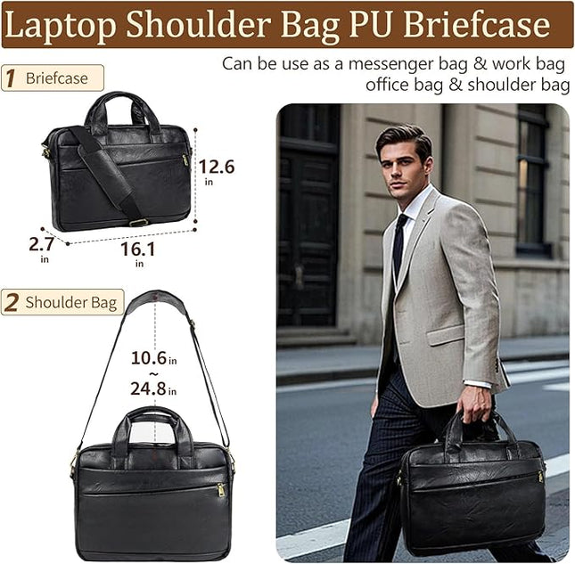 Faux Leather Messenger Bag for Men 15.6 Inch: Laptop Bag Briefcase Computer Handbags Shoulder Crossbody Bag with Padded Laptop Sleeve for Work College Travel, PU Black