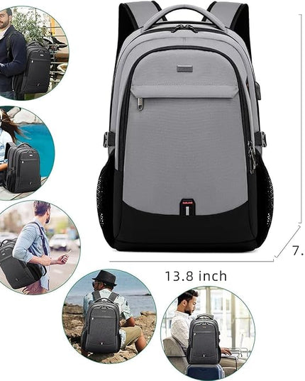 DUSLANG 17 Inch Travel Laptop Backpack Water Resistant College Backpack for Men/Women Laptop Bag with USB Charging Port, Light Grey and Black