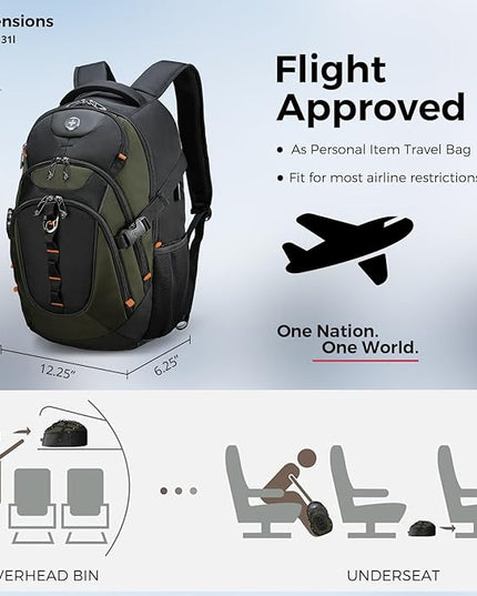 Swissdigital Design Laptop Backpack with USB Charging Port, Travel Backpack Fits 15.6 inches Computer, 31L College School Backpack for Men, Olive/Black | SD803-26