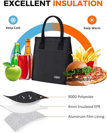 Fmeida 6.75L Small Insulated Lunch Bag Women Men, Lunch Bags with Multiple Pockets, Reusable Thermal Cooler Tote for Work, Office, Picnic, Travel | Hook and Loop Closure, Black