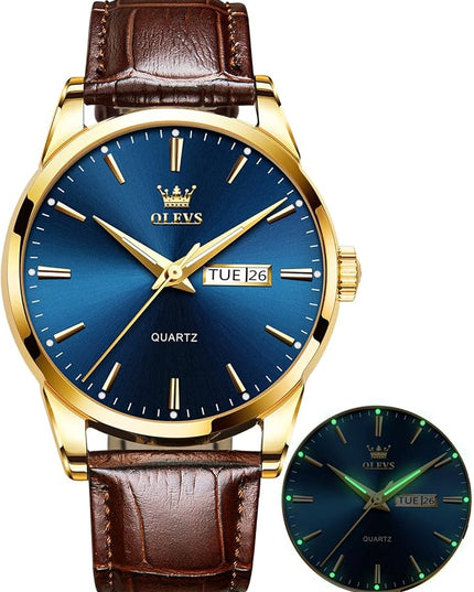 OLEVS Watches for Men Brown Leather Gold Case Analog Quartz Fashion Business Dress Watch Day Date Luminous Waterproof Casual Male Wrist Watches