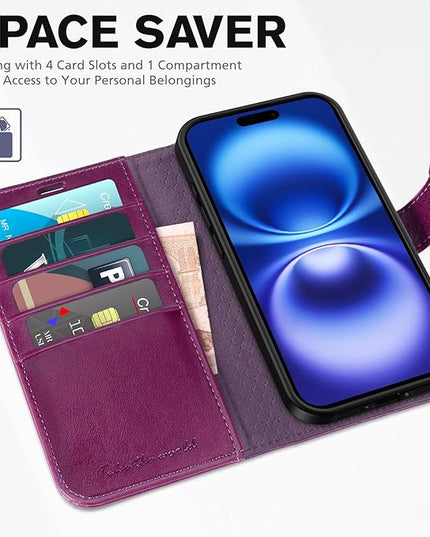TUCCH Case Wallet for iPhone 16, Kickstand PU Leather Magnetic Protective Flip Cover with [RFID Blocking] [4 Card Slots] [TPU Interior Case] Compatible with iPhone 16 5G 2024, Plum Purple