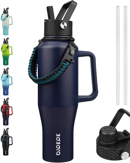 BJPKPK Insulated Water Bottles with Straw Lid, 40oz Metal Water Bottle with 2 lids & Paracord Strap, Double Wall Stainless Steel Tumbler with Handle, Reusable Cups, Mugs, Thermo, Navy Blue