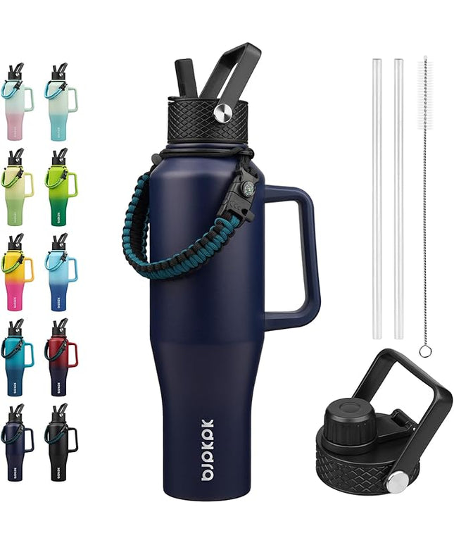 BJPKPK Insulated Water Bottles with Straw Lid, 40oz Metal Water Bottle with 2 lids & Paracord Strap, Double Wall Stainless Steel Tumbler with Handle, Reusable Cups, Mugs, Thermo, Navy Blue
