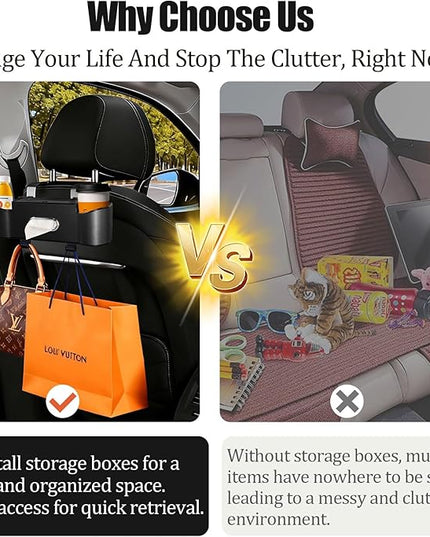 2Pack Car Backseat Organizer for Kids & Travelers - 4 in 1 Multifunctional Car Seat Back Storage with Cup Holder, Tissue Box, Snack/Handbag Holder - Nappa Leather Universal Fit for SUV/Van(Black)