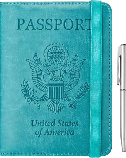 WALNEW Passport Holder for Travel, RFID Passport Cover Wallet for Women Men, PU Leather Passport Book Card Holder Case with Pen, Travelling Essentials for Flying