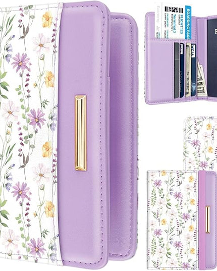 Passport Holder Cover Travel RFID Blocking Passport Cover Rose Gold Cute Flowers Passport Wallet with Elastic Band for Women