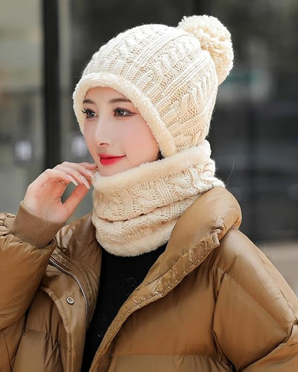 HUAMULAN Women Winter Beanie Hats One Piece Fleece Lined Knit Balaclavas Mask Set Skull Neck Circle Scarf Ski Snow Hat Pompom