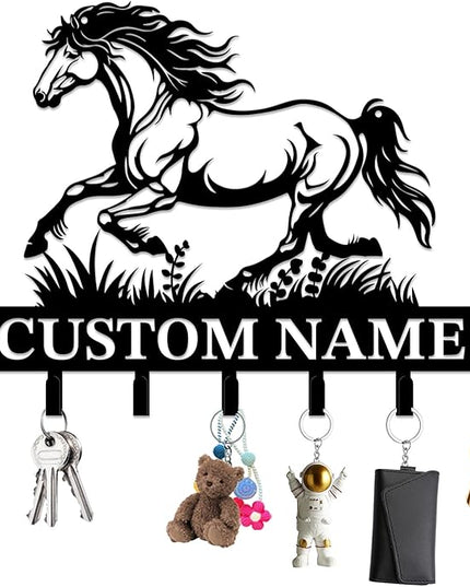 Personalized Custom Name Farm Horse Wall Key Hooks,Metal Horse Art Clothes Hooks,Metal Horse Wall Home Storage Decorative,For Front Door, Hallway, Kitchen, Bedroom,Keys,Hats (Style E)