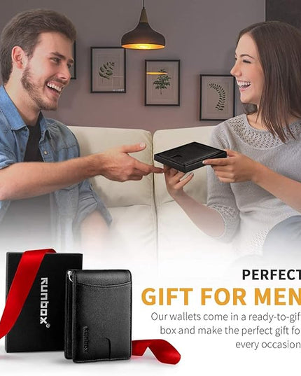 RUNBOX Slim Wallet for Men Genuine Leather RFID Blocking Bifold Minimalist Front Pocket Mens Wallet with Money Clip Thin Gift Box