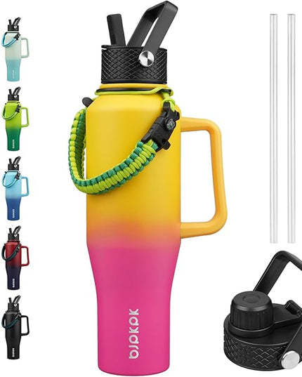 BJPKPK Insulated Water Bottles with Straw Lid, 40oz Metal Water Bottle with 2 lids & Paracord Strap, Double Wall Stainless Steel Tumbler with Handle, Reusable Cups, Mugs, Thermo, Pink & Yellow Rose