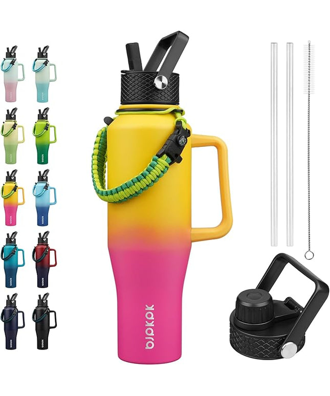 BJPKPK Insulated Water Bottles with Straw Lid, 40oz Metal Water Bottle with 2 lids & Paracord Strap, Double Wall Stainless Steel Tumbler with Handle, Reusable Cups, Mugs, Thermo, Pink & Yellow Rose