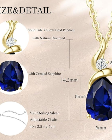FANCIME 14K Solid Yellow Gold Birthstone Pendant Necklace for Women with Diamond Pear Shaped Teardrop Necklace Birthday Gifts for Mom Women Sterling Silver Chain 16" + 2" Extender
