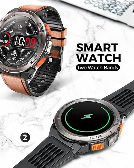 EIGIIS KE5 Military Smart Watch for Men with Flashlight SOS 3ATM Waterproof Watch 530mAh Big Battery 1.45" Rugged Tactical Smartwatch with Compass Elevation Barometer Fitness Watch for iPhone (Brown)