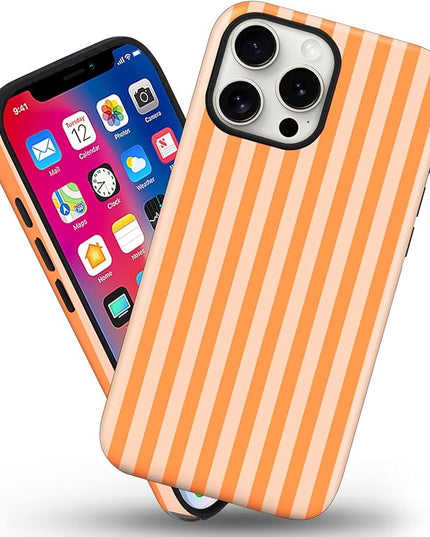 Magnetic for iPhone 15 Case Cute Stripes Phone Case, Shockproof Slim TPU and Hard PC Protective Phone Cover Compatible with MagSafe Designed for Women Girls, Orange