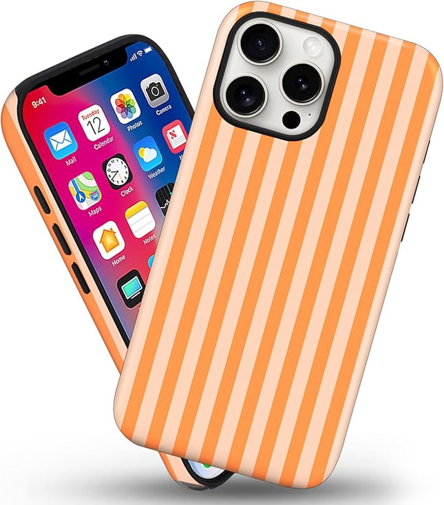 Magnetic for iPhone 15 Pro Case Cute Stripes Phone Case, Shockproof Slim TPU and Hard PC Protective Phone Cover Compatible with MagSafe Designed for Women Girls, Orange