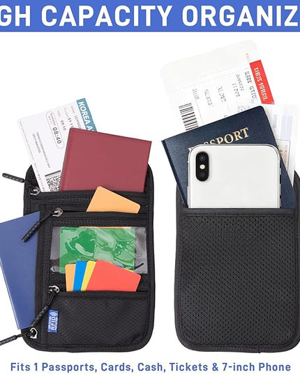 2-Pack Large RFID Blocking Passport Holder for Travel, Hidden Neck Wallet with Phone Pocket, Lightweight Under-Clothing Pouch Fits 7-inch phone & 2 Passports, Anti-Theft Organizer (Black & Dark Gray)