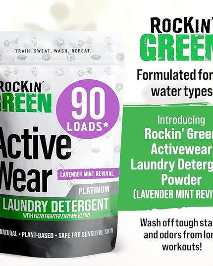 Rockin' Green Laundry Detergent, Plant based, All Natural Laundry Detergent Powder, Vegan and Biodegradable Odor Fighter, Safe for Sensitive Skin (Active Wear 90 Loads - Lavender Mint)