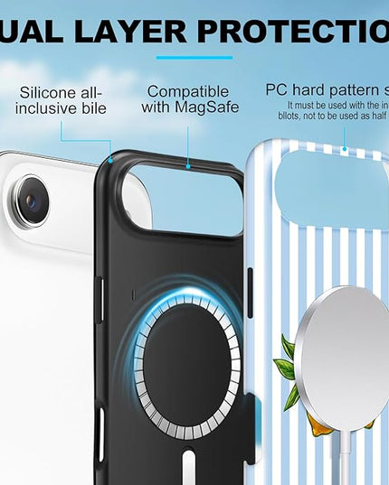Magnetic for iPhone 17 Air Case Cute Lemon Stripes Phone Case, Shockproof Slim TPU and Hard PC Protective Phone Cover Compatible with MagSafe Designed for Women Girls, Blue