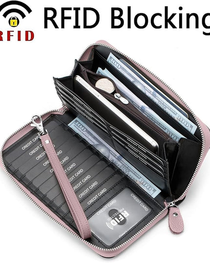 Moflycom Womens Wallet RFID Blocking Genuine Leather Multi Credit Card Large Capacity Zip Around Clutch Travel Purse Wristlet