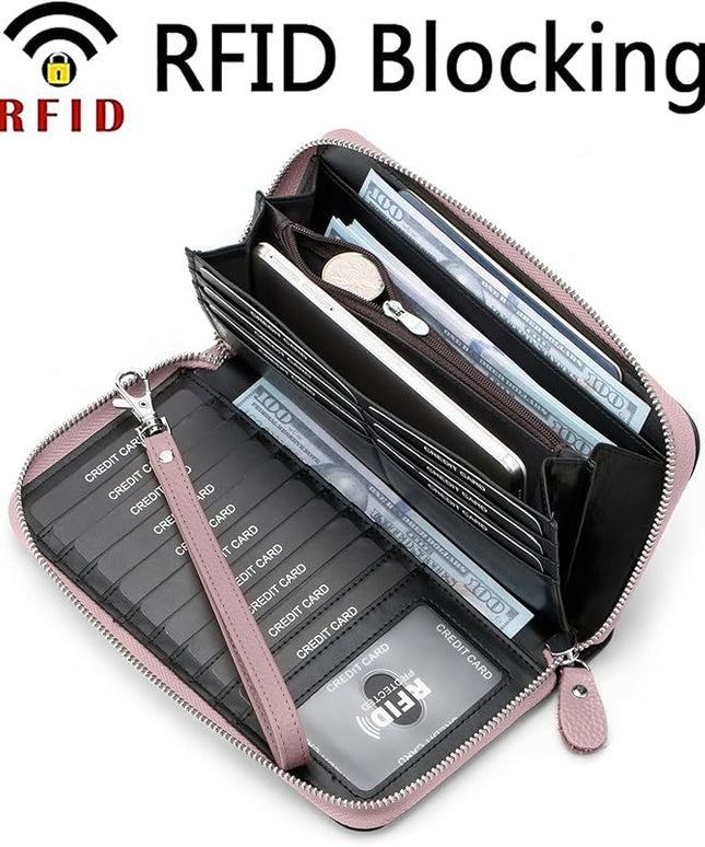 Moflycom Womens Wallet RFID Blocking Genuine Leather Multi Credit Card Large Capacity Zip Around Clutch Travel Purse Wristlet